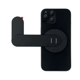 A black phone attachment with a circular base and an extended arm, designed for attaching accessories.