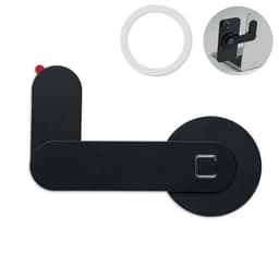 A black and white promotional product with a circular base and an adjustable arm, featuring a logo.