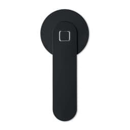 A black promotional product with a circular top and a rectangular handle, featuring a small logo.