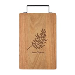 A wooden chopping board with a natural finish, featuring a plant design and a handle for easy use.