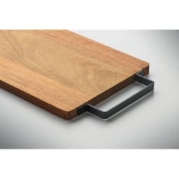 A wooden serving board with a sleek metal handle, featuring a smooth, natural finish and rectangular shape.