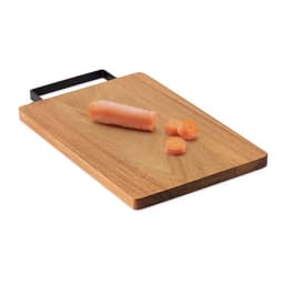 A wooden chopping board with a black handle, featuring a whole carrot and several sliced carrot pieces.