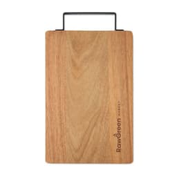 A wooden chopping board with a handle, featuring a natural finish and an engraved logo.