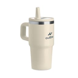 A drink bottle in cream colour with a handle, a lid, a straw, and a branding logo.