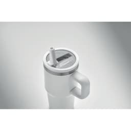A drink bottle in white with a silver lid, featuring a straw and a handle for easy carrying.