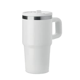 A drink bottle with a white body, a silver lid, and a handle, featuring a simple, modern design.