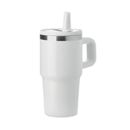 A drink bottle in white with a metallic band and a straw lid, featuring a handle for easy carrying.