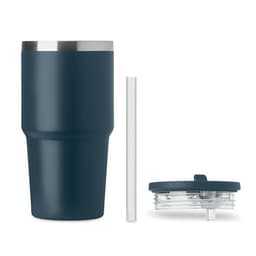 A drink bottle in navy blue with a stainless steel rim, accompanied by a straw and a clear lid.