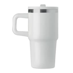 A drink bottle with a white exterior, featuring a stainless steel band and a handle. Includes a lid.