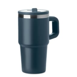 A drink bottle in dark blue with a silver band, featuring a handle and a plastic lid.