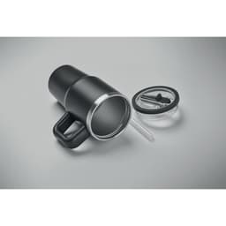 A drink bottle in black with a silver rim and a clear lid, featuring a straw and a handle.