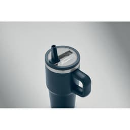 A drink bottle in navy blue with a handle and a straw, featuring a stainless steel rim and a logo.