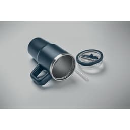 A drink bottle in navy blue with a stainless steel interior and a lid featuring a straw.