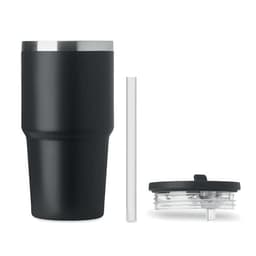 A drink bottle in matte black with a metal lid, clear straw, and removable lid component.