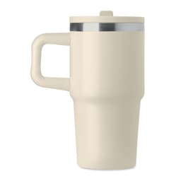 A drink bottle in a creamy beige colour with a silver rim and a sturdy handle. It features a logo on the side.