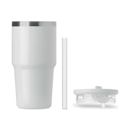 A drink bottle in white with a stainless steel lid, accompanied by a clear straw and a separate lid attachment.
