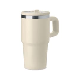 A drink bottle in cream colour with a silver lid and a handle, featuring a sleek, modern design.