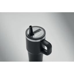 A drink bottle in matte black with a clear lid, a drinking straw, and a handle. It features a logo on the side.