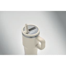 A drink bottle in a light colour with a handle and a lid featuring a straw, showcasing a sleek design.