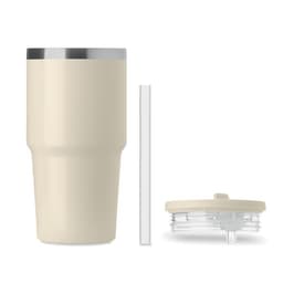 A drink bottle in cream colour, featuring a silver rim and a clear lid with a straw. It has branding on the side.