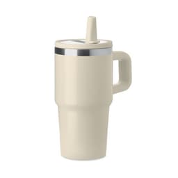 A drink bottle in a creamy beige colour with a silver band and a handle, featuring a spout for easy drinking.