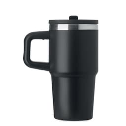 A drink bottle in matte black with a stainless steel lid and a sturdy handle. It features a logo on the side.