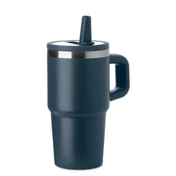 A drink bottle in dark blue with a handle, straw, and a silver decorative band. It features a logo.