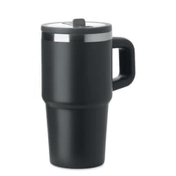 A drink bottle in matte black with a stainless steel lid and a handle for easy grip. It features a logo on the surface.