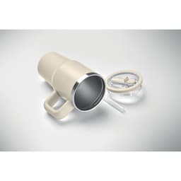 A drink bottle in light cream with a silver rim, featuring a handle and a clear lid with a straw.