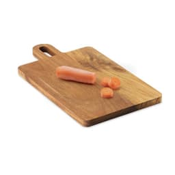 A wooden chopping board with a whole carrot and sliced carrot pieces on it. The board features a handle.
