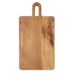 A wooden cutting board with a handle, featuring a natural grain pattern and light brown colour.