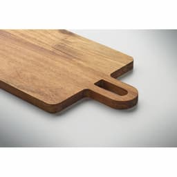A wooden chopping board featuring a handle, showcasing a smooth, natural finish in rich brown tones.