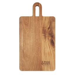 A wooden chopping board with a handle and natural wood grain, featuring a logo.
