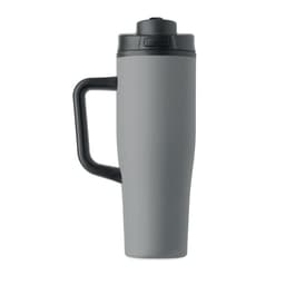 A drink bottle in grey with a black handle and lid, featuring a logo on the surface.