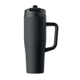 A drink bottle in matte black, featuring a handle and a flip-top lid. It has a sleek, modern design and branding.
