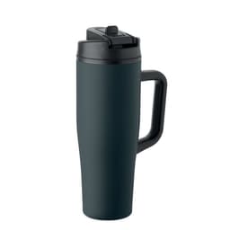 A drink bottle in dark navy blue with a black lid and handle, featuring a logo on the side.