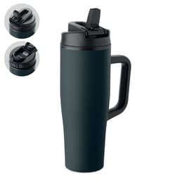 A drink bottle featuring a dark blue body, a handle, and a flip-top lid with a spout. It has a logo on the side.