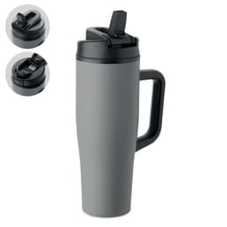 A drink bottle in grey with a black lid and handle, featuring two lid options for different uses.