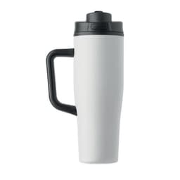 A drink bottle in white with a black handle and lid, featuring a simple design and a logo on the side.