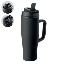 A drink bottle in matte black with a handle and two different lid styles. Features a sleek, modern design.