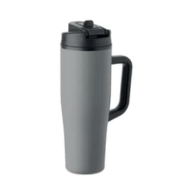A drink bottle in grey with a black lid and handle, featuring a simple design and a logo.