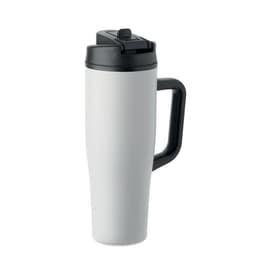 A drink bottle in white with a black handle and lid, featuring a simple design and a logo on the side.