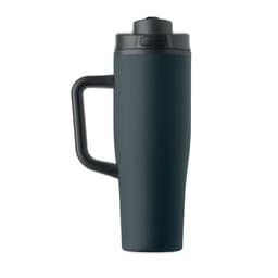 A drink bottle in dark grey with a black lid and handle, featuring a sleek design and a logo.