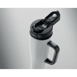 A drink bottle with a sleek white body and black handle, featuring a lid with a spout and button.