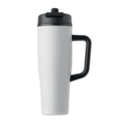 A drink bottle in white with a black handle and lid, featuring a sleek design and a built-in straw.