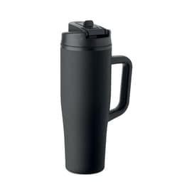 A drink bottle in matte black with a handle and a flip-top lid, featuring a simple design and a logo.