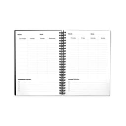 An A5 infinite diary with a spiral binding, featuring blank weekly and to-do list pages. Predominantly white with black accents.