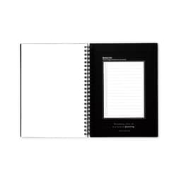 A black A5 spiral-bound diary featuring a blank page and a bucket list template on the opposite side.
