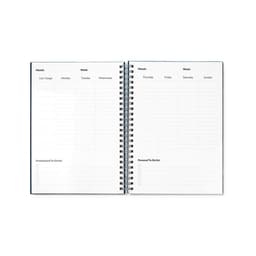 An A5 spiral-bound infinite diary with blank weekly and monthly planning pages. It includes a logo.