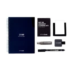 A navy A5 infinite diary, cleaning kit, marker, and marker holder, all neatly arranged.